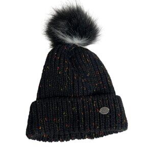 Angela & William Black Knit Beanie Faux Fur Pom Speckled Multicolor Accents